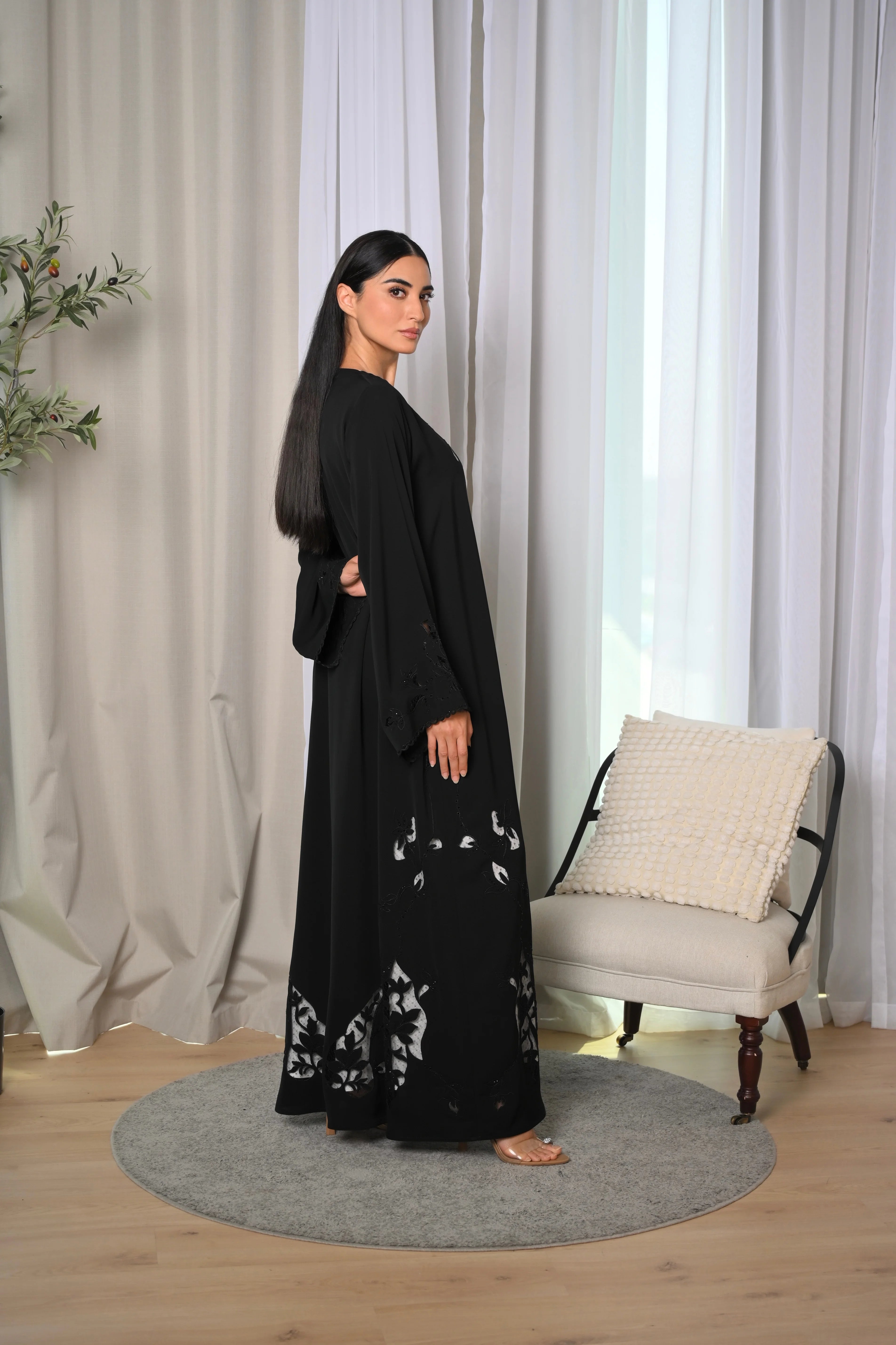 Premium black abaya with laser-cut sleeve details