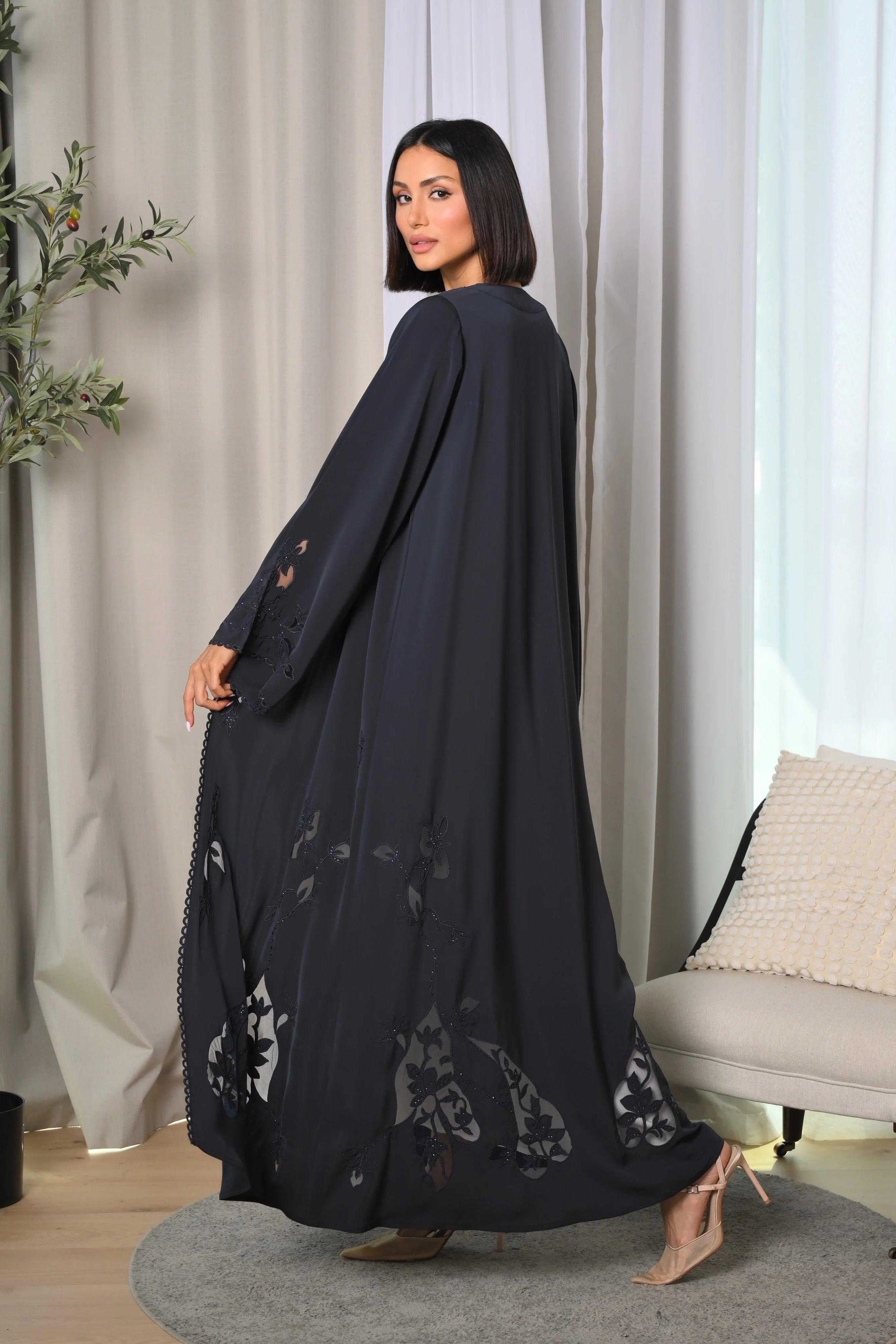 Ink Grey Nida Abaya with Luxury Hand Embroidery