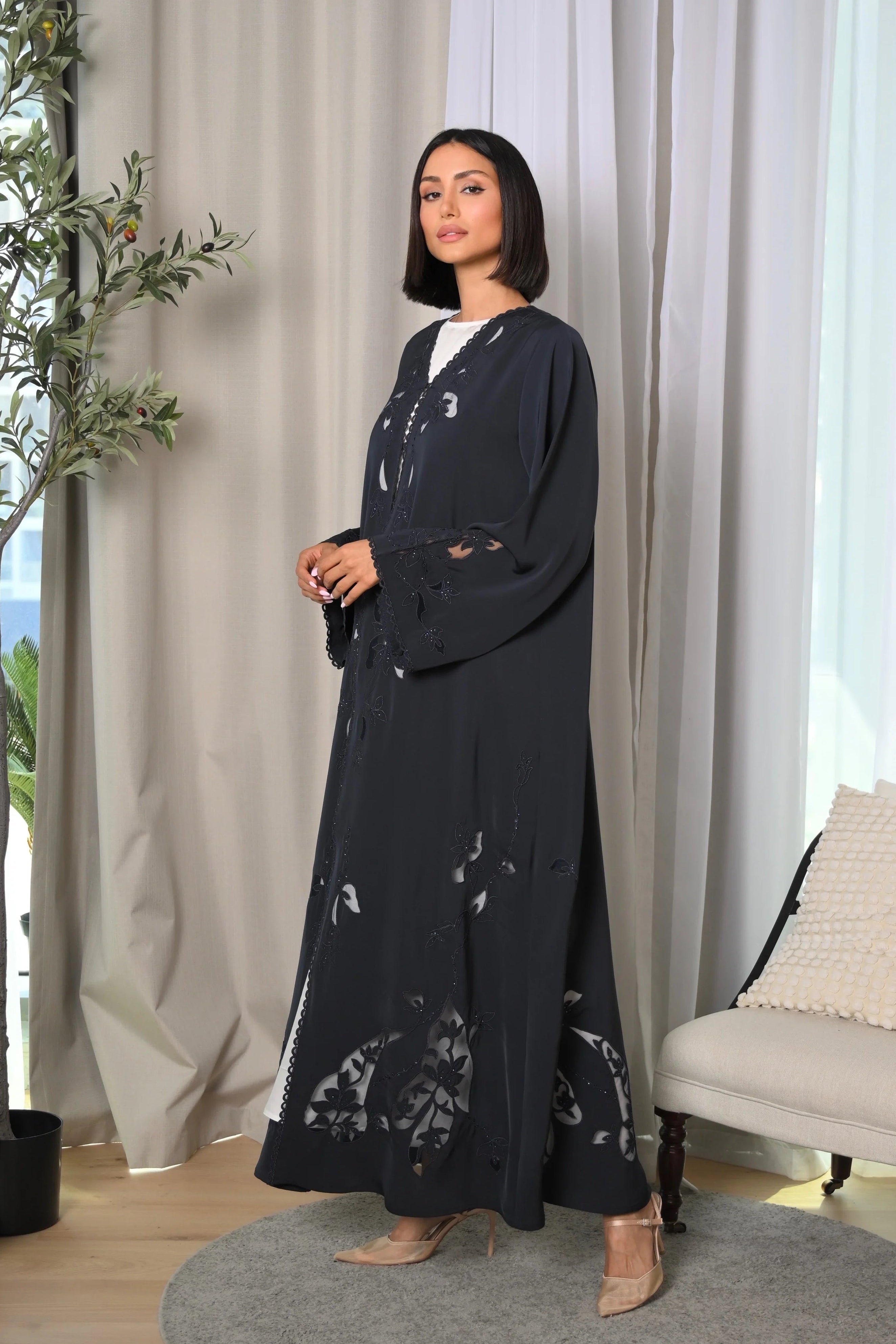 Ink Grey Nida Abaya with Luxury Hand Embroidery