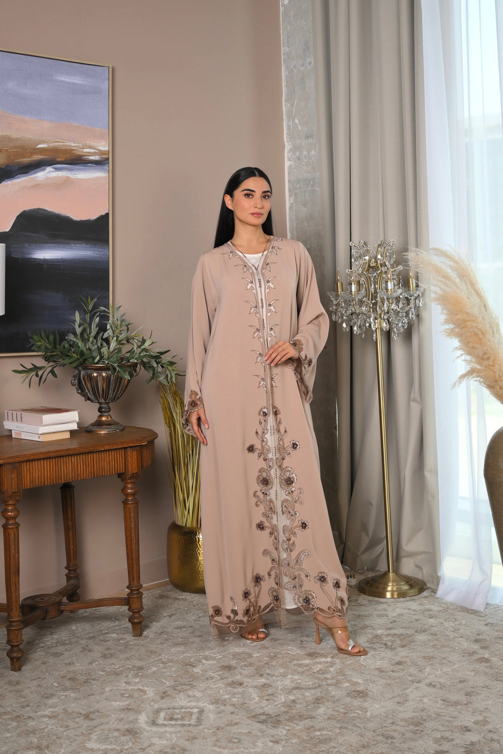 Beige Nida abaya with brown embroidery and laser cut details