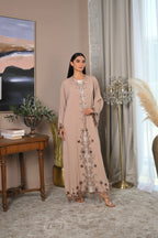 Beige Nida abaya with brown embroidery and laser cut details