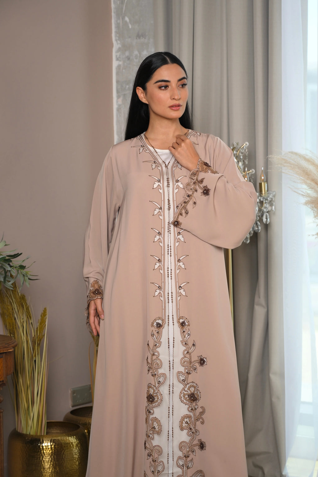 Luxury Emirati beige abaya with hand embroidery on sleeves and front