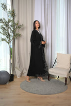 Elegant black abaya with laser cut details and hand embroidery