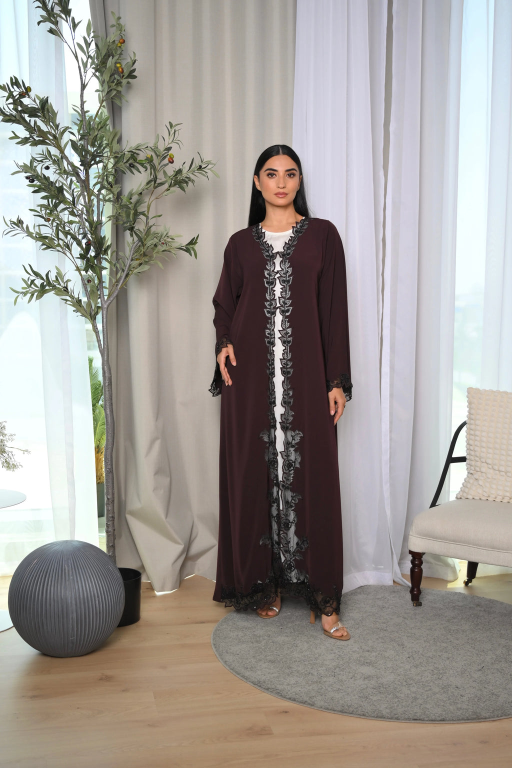 Burgundy luxury Emirati abaya with Aari embroidery and elegant handwork on sleeves and front