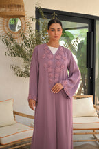 Colored Emirati abaya with elegant hand embroidery on chest and sleeves