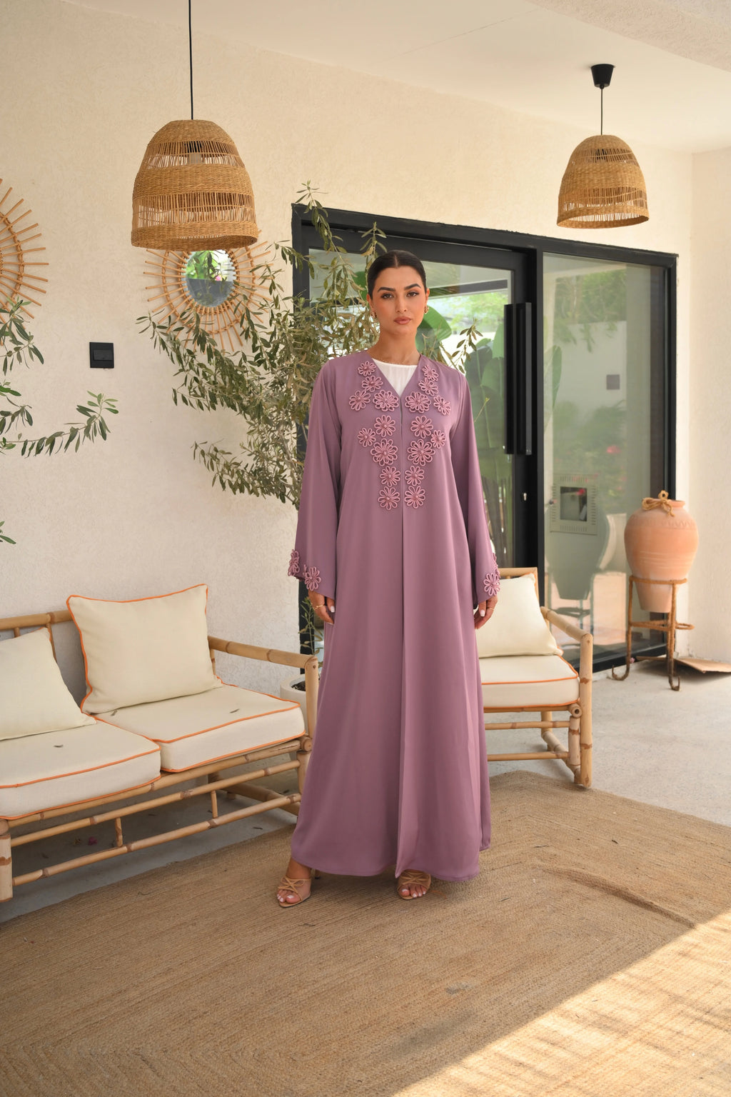 Colored Emirati abaya with elegant hand embroidery on chest and sleeves