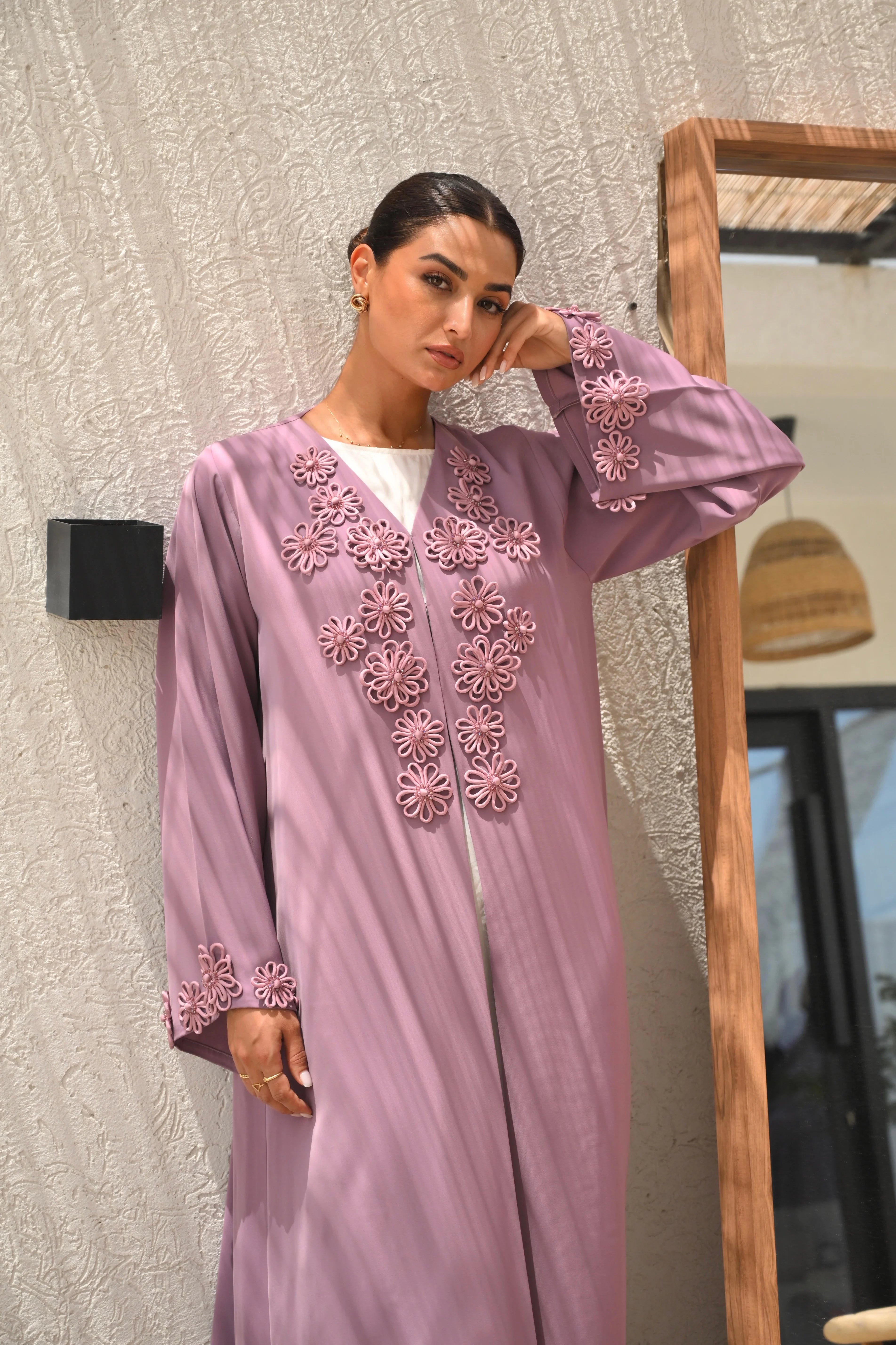 Colored Emirati abaya with elegant hand embroidery on chest and sleeves