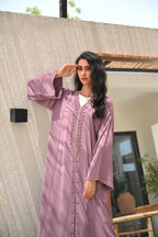 Luxury mauve abaya with handmade handwork embroidery and elegant wide sleeves