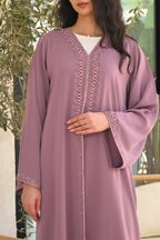 Luxury mauve abaya with handmade handwork embroidery and elegant wide sleeves