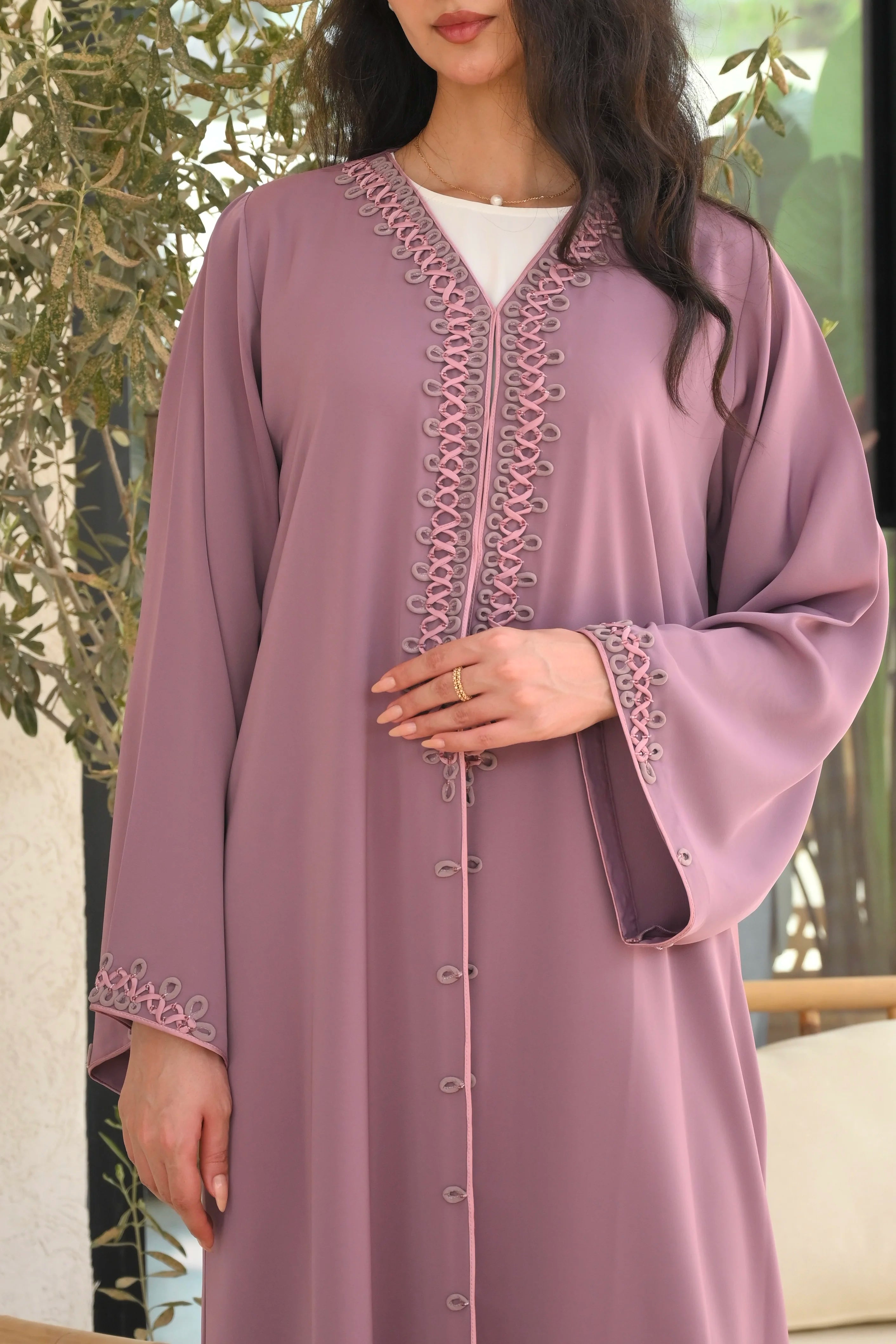 Luxury mauve abaya with handmade handwork embroidery and elegant wide sleeves