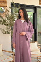 Luxury mauve abaya with handmade handwork embroidery and elegant wide sleeves