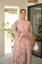 Luxury blush pink tie-dye abaya with laser cut details and Aari embroidery