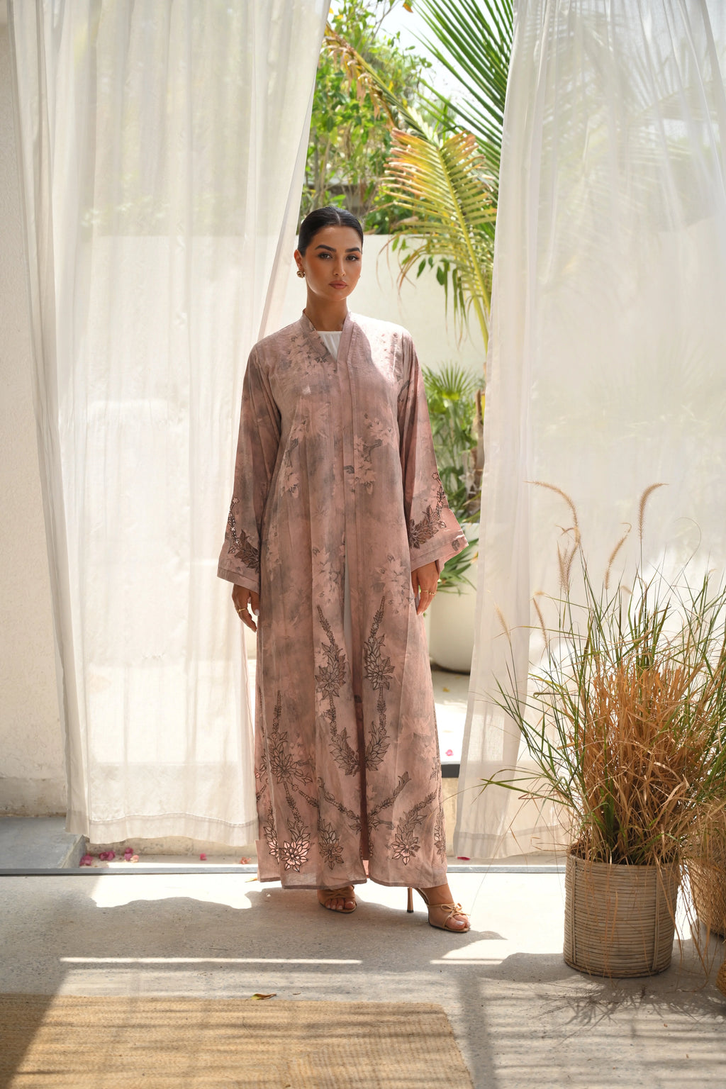 Luxury blush pink tie-dye abaya with laser cut details and Aari embroidery