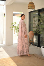 Luxury blush pink tie-dye abaya with laser cut details and Aari embroidery