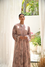 Luxury blush pink tie-dye abaya with laser cut details and Aari embroidery