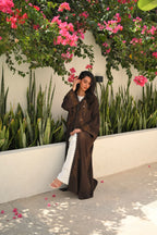 Luxury brown abaya with elegant handwork embroidery details on the front and sleeves