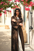 Luxury brown abaya with elegant handwork embroidery details on the front and sleeves