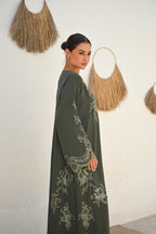 Luxury olive green Nida abaya with embroidery and lace detailing on chest, sleeves and sides