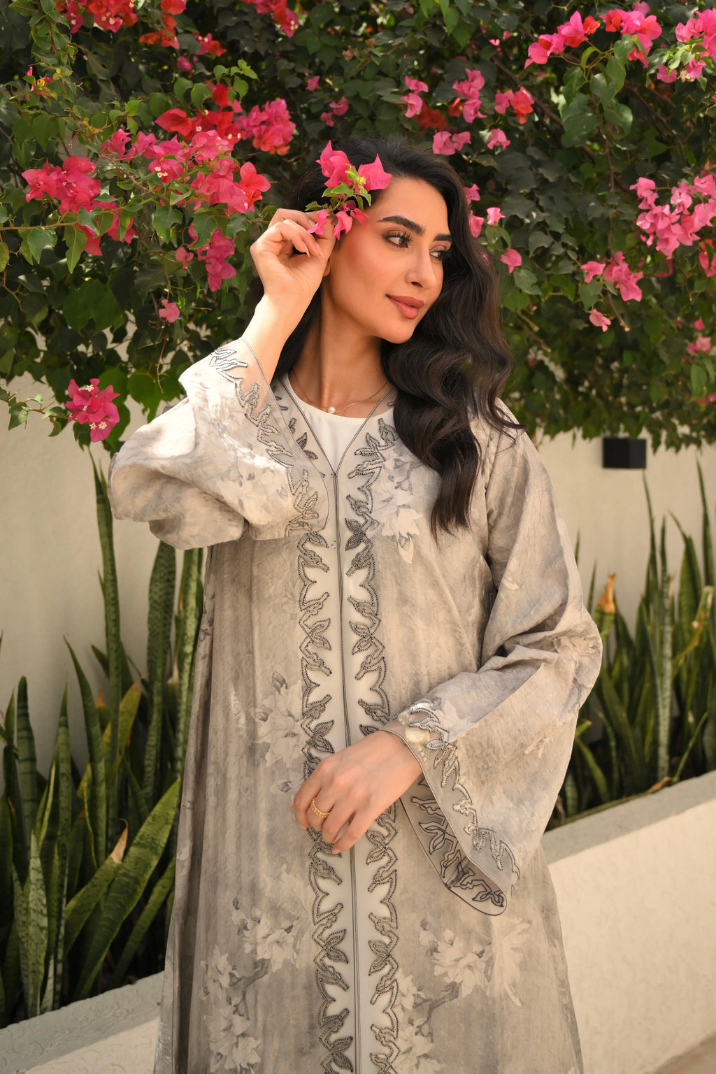 Luxury tie-dye Emirati abaya with laser cut details and Dori embroidery