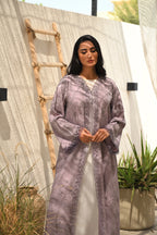 Luxury dusty lavender Emirati abaya with dori detailing and laser cut design on front panel and sleeves