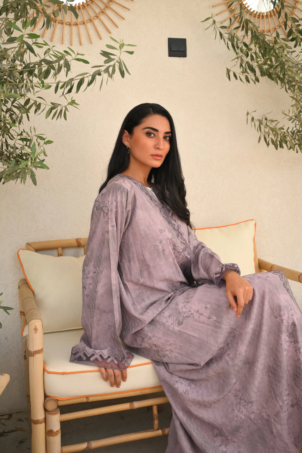 Luxury dusty lavender Emirati abaya with dori detailing and laser cut design on front panel and sleeves