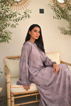 Luxury dusty lavender Emirati abaya with dori detailing and laser cut design on front panel and sleeves
