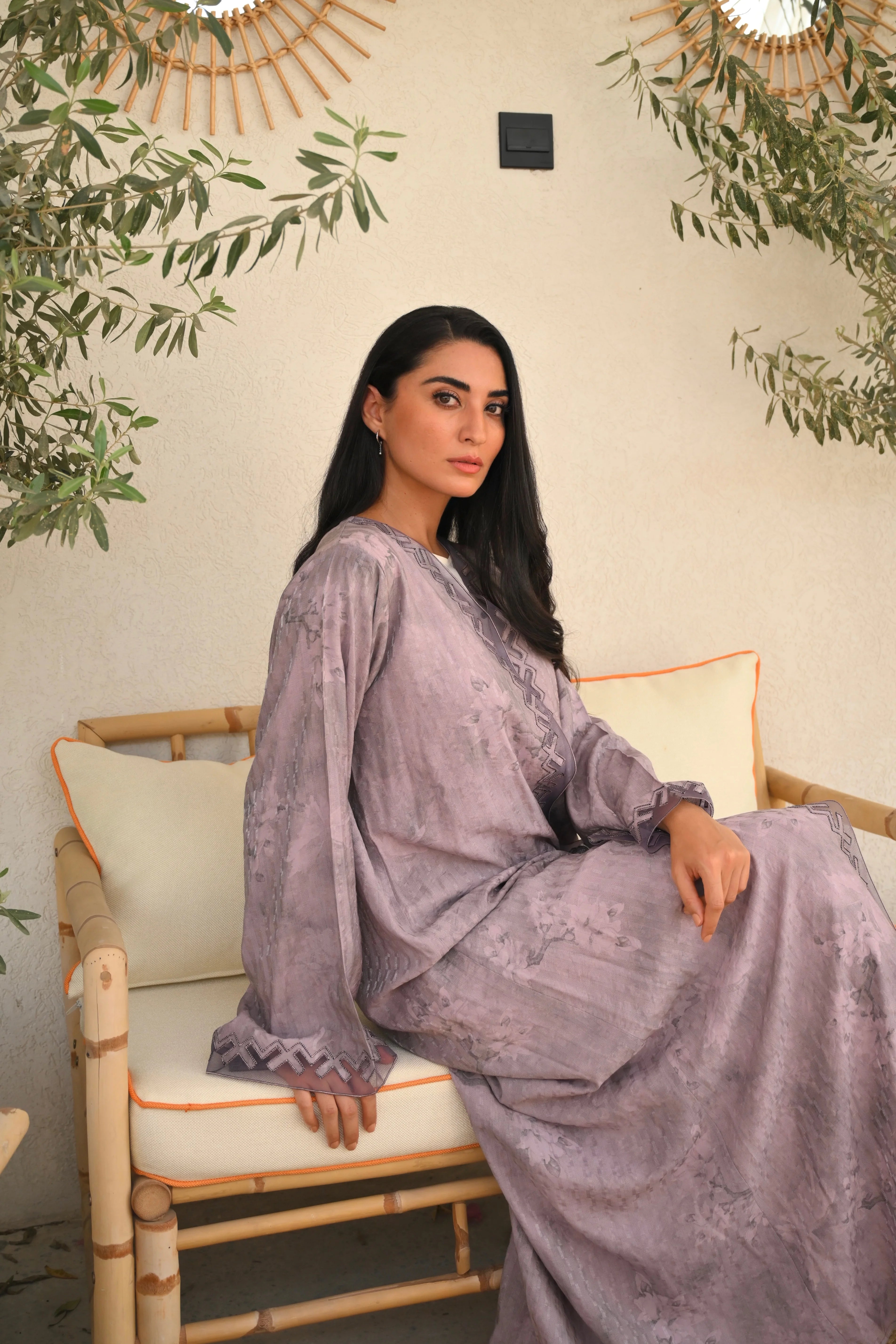 Luxury dusty lavender Emirati abaya with dori detailing and laser cut design on front panel and sleeves
