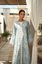 Luxury turquoise tie-dye abaya with elegant Dori embroidery and laser-cut details on the front and sleeves