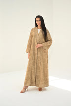 Elegant beige lace abaya with floral pattern alanood