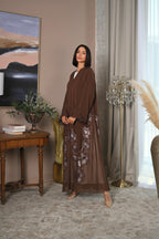 Brown Emirati abaya with laser cut detailing, Dori embroidery and handwork on sleeves and sides, luxury modest fashion design