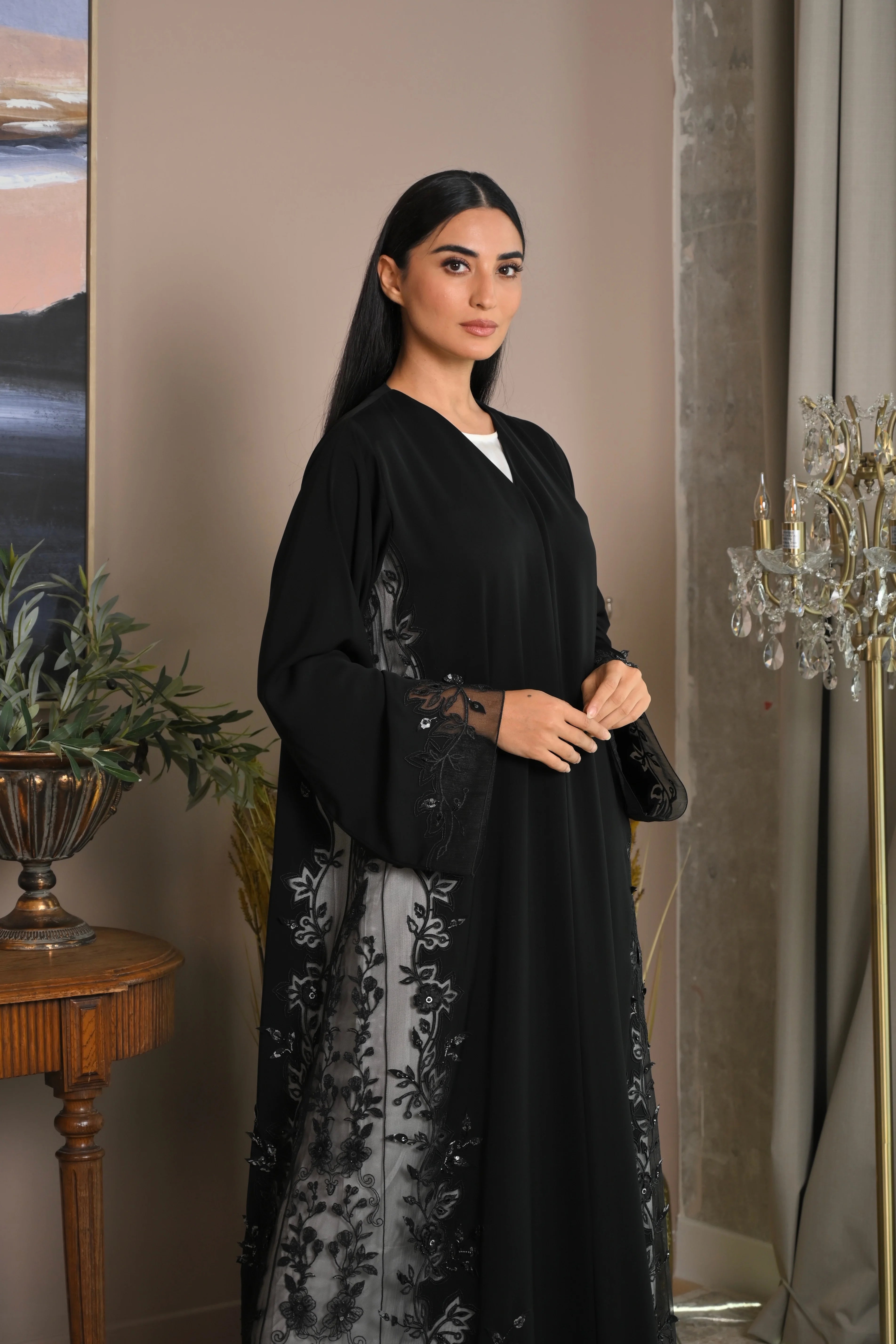 Luxury VIP black abaya with floral laser embroidery and elegant handwork details on sleeves and sides