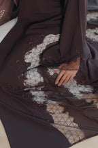 Luxury dark brown Emirati abaya with theatre embroidery and transparent handwork detailing on sleeves and sides