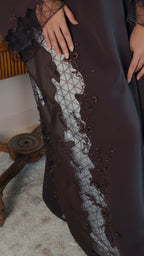 Luxury dark brown Emirati abaya with theatre embroidery and transparent handwork detailing on sleeves and sides