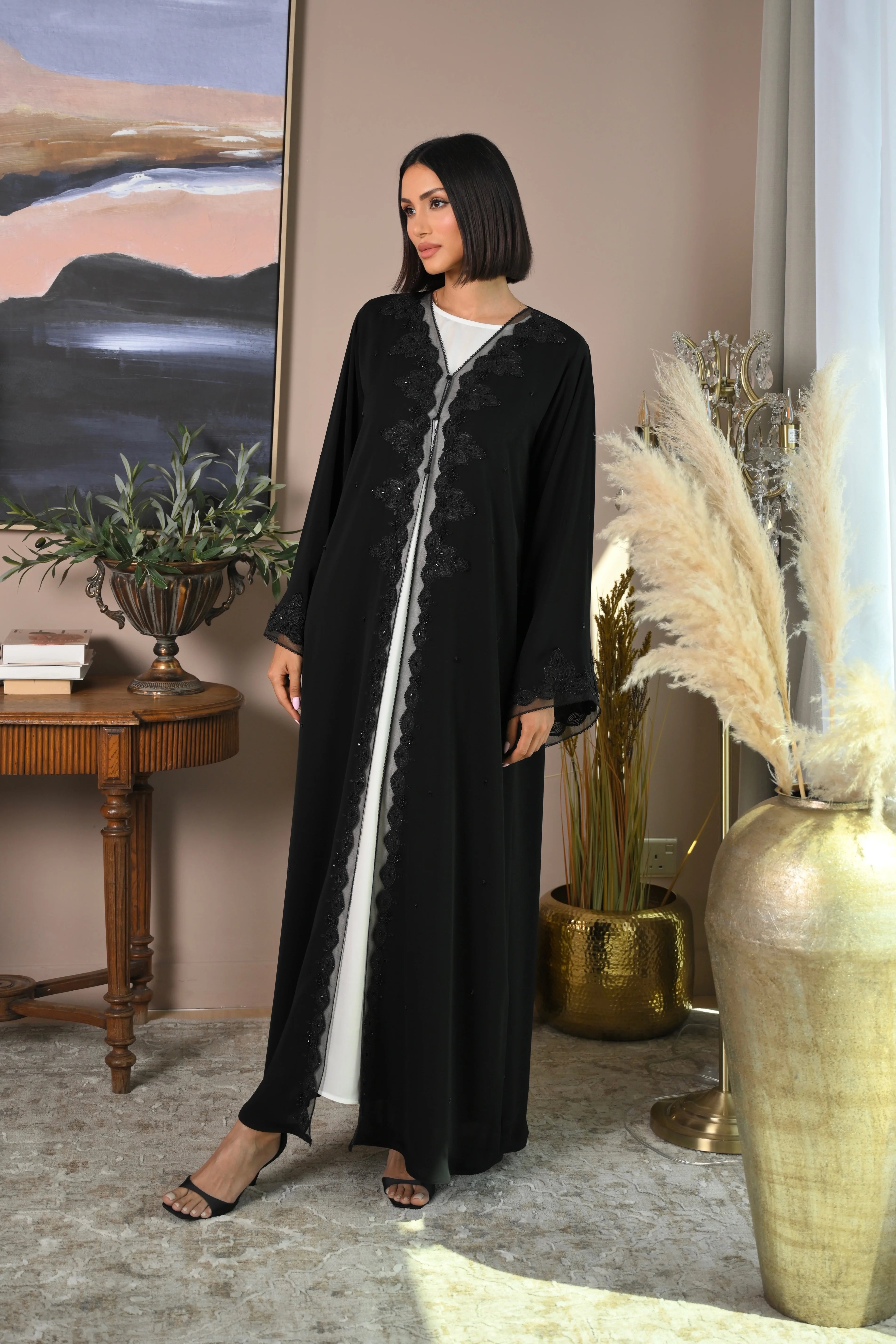 Black Nida abaya with embroidered chest and sleeves