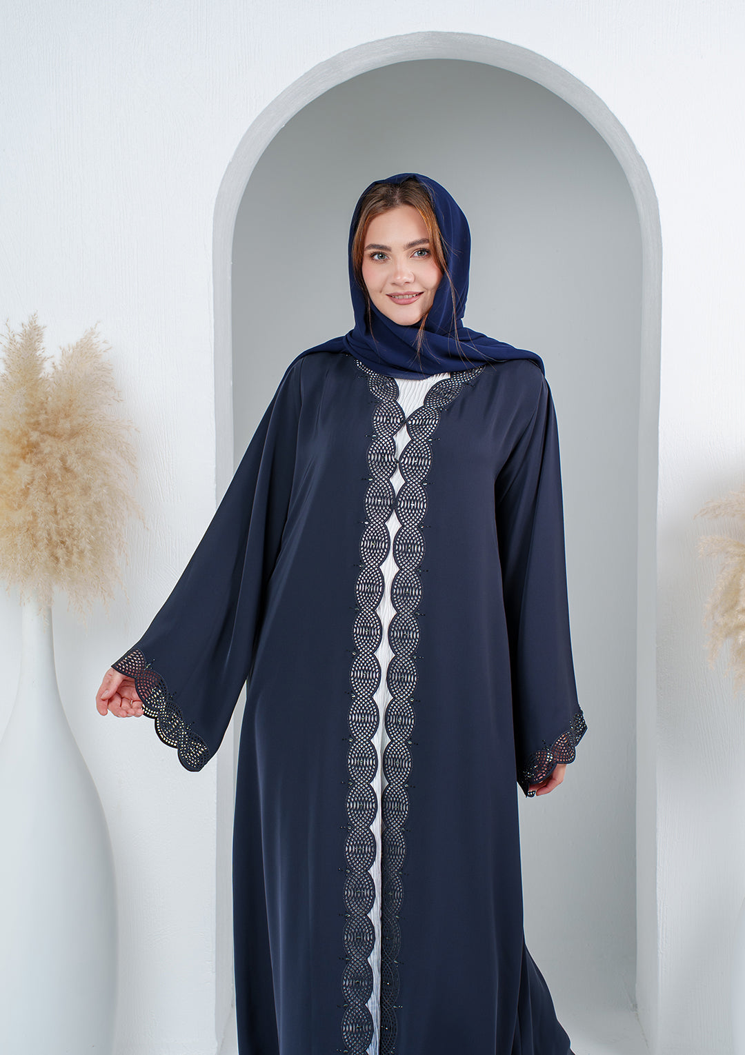 Close up abaya showing crystal and embroidery details