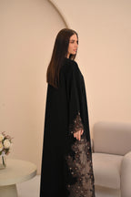 Crystal and handwork detail on black Nida abaya sleeves — Al Anood UAE