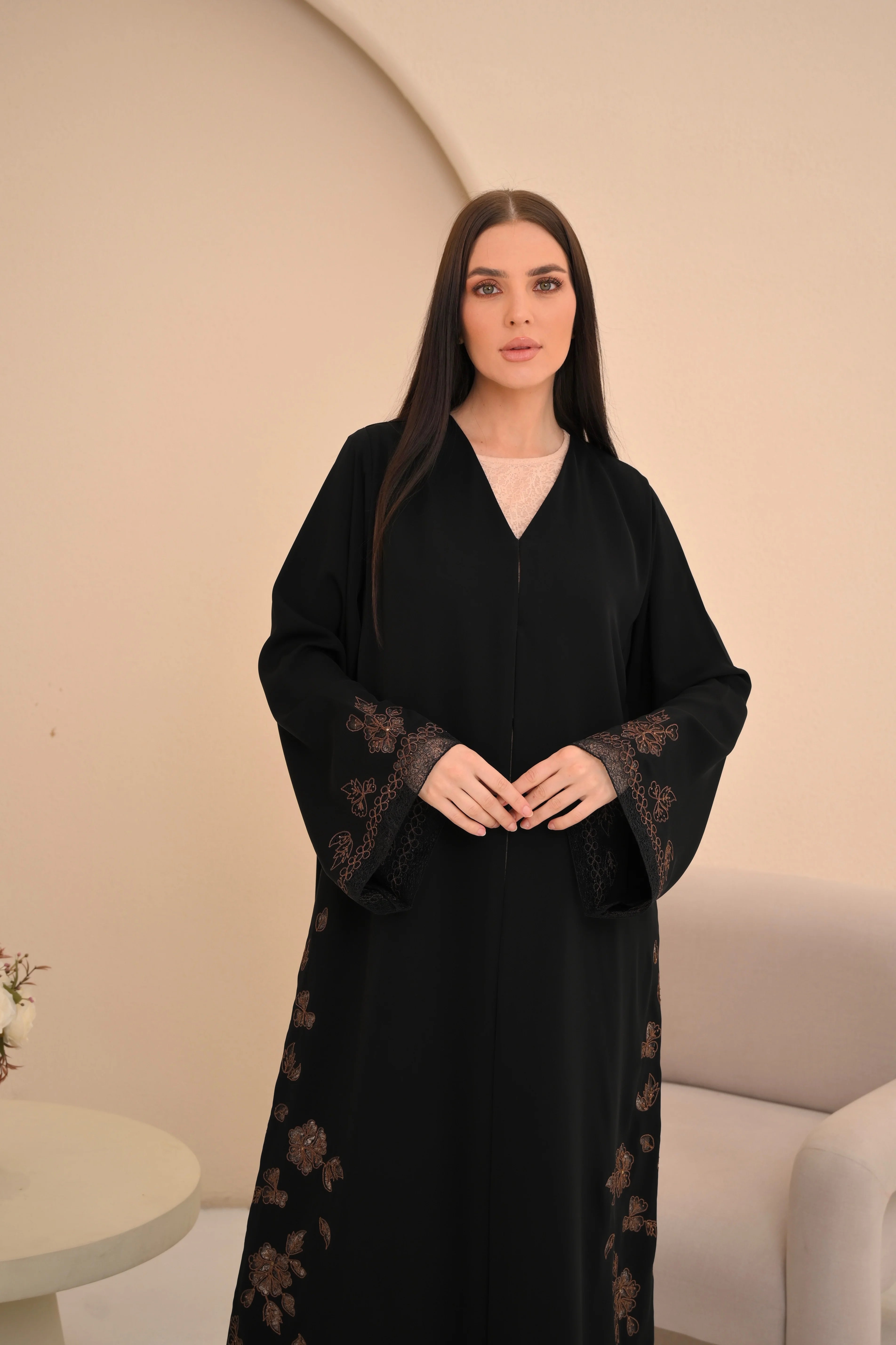 Crystal detail on black Nida abaya — Al Anood UAE new arrivals