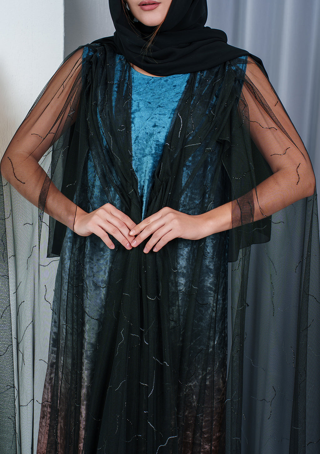 Crystal line pattern close-up black sheer tulle abaya — Al Anood luxury collection