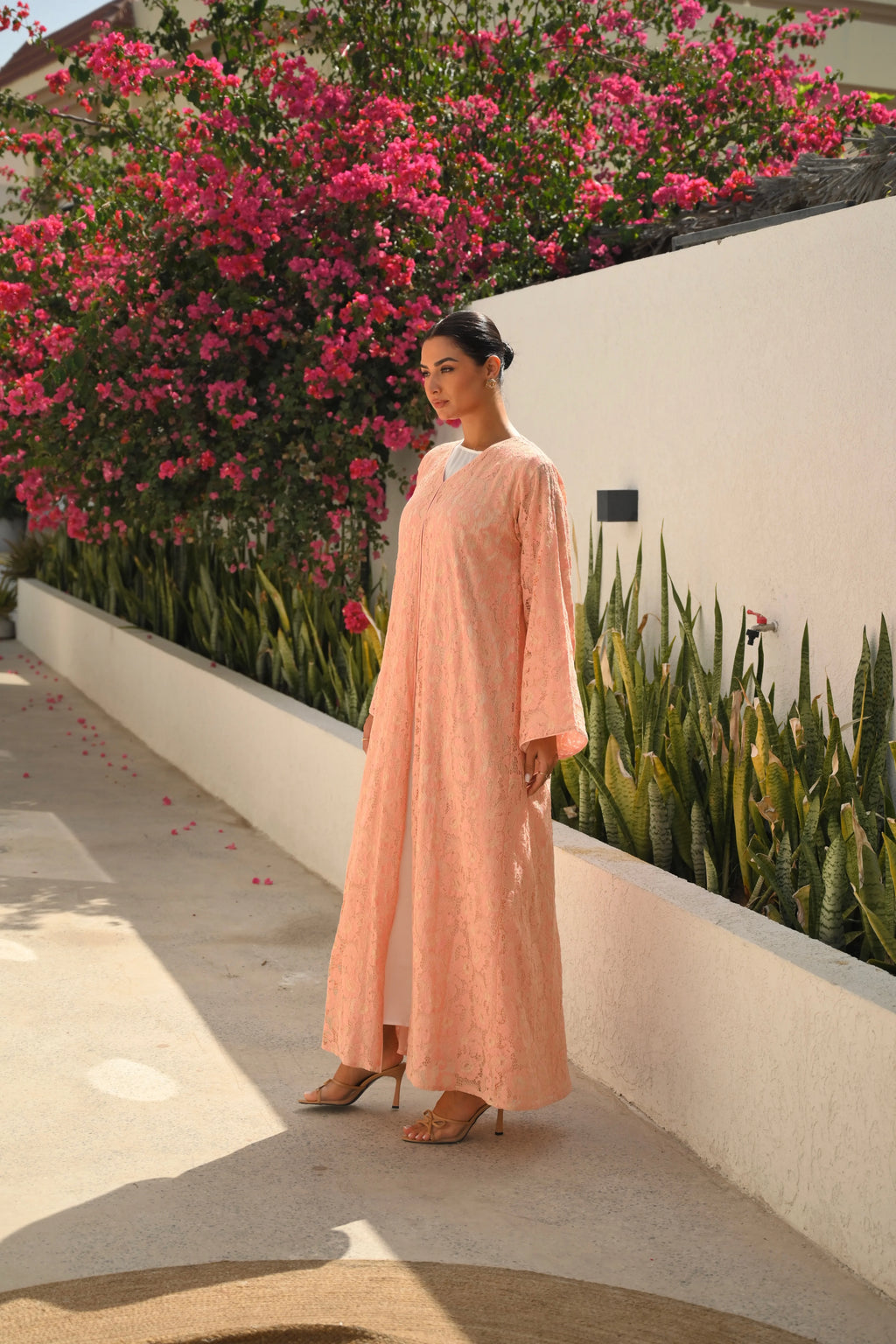 Luxury Peach floral lace abaya with elegant wide sleeves and feminine design