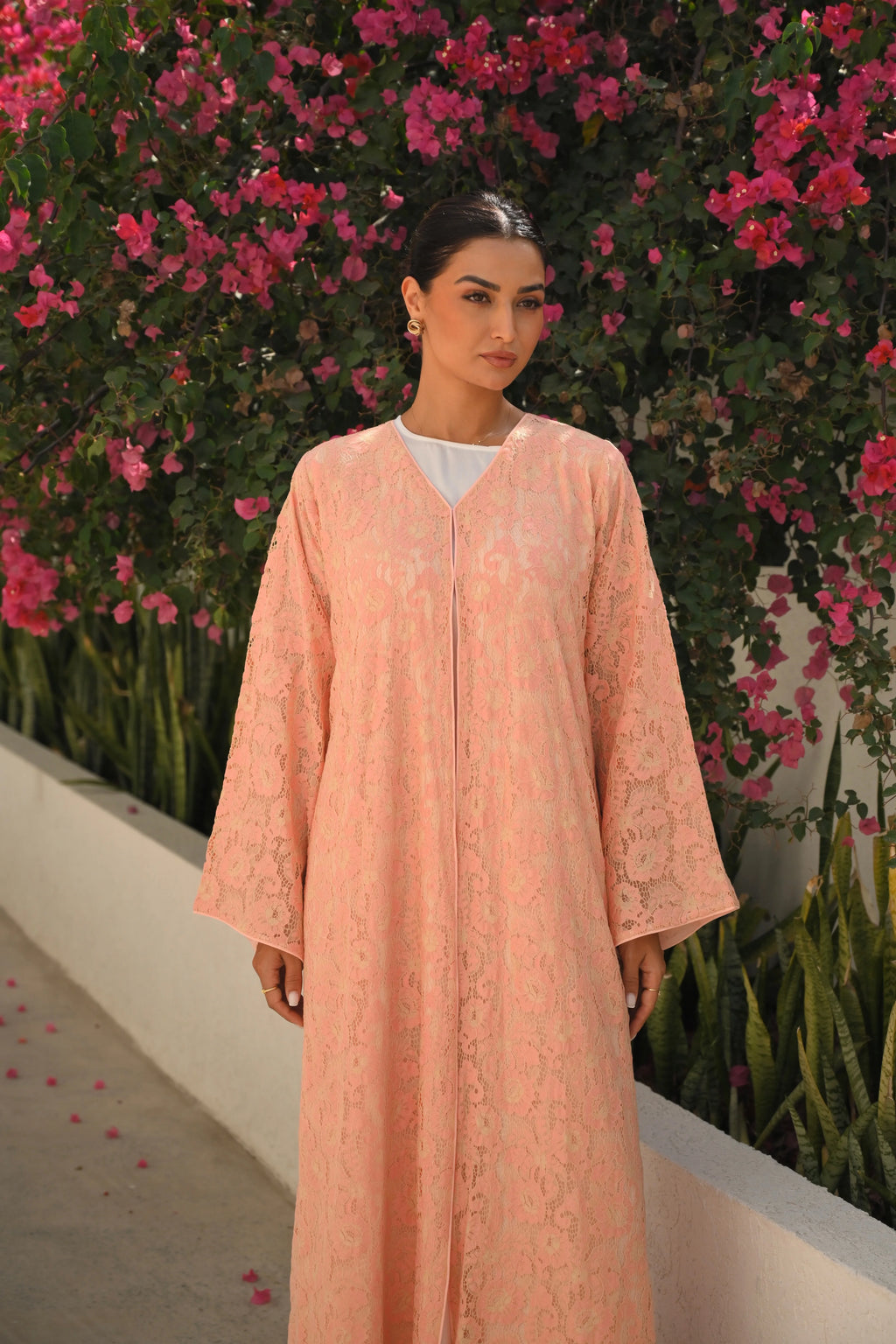 Luxury Peach floral lace abaya with elegant wide sleeves and feminine design
