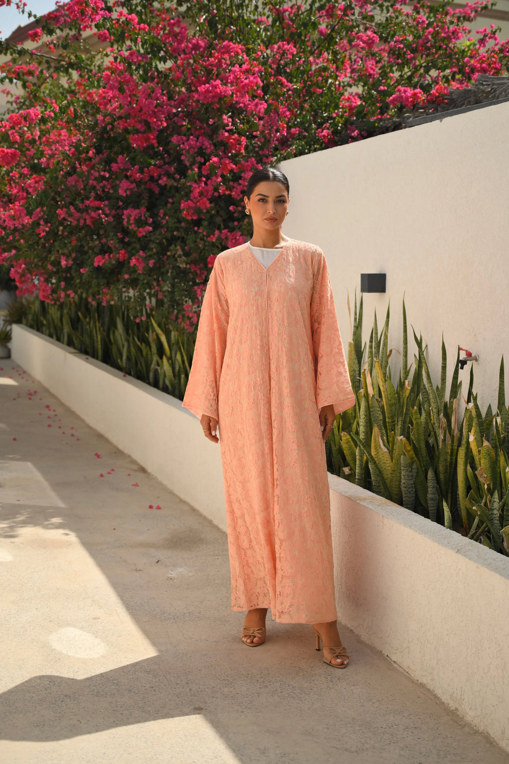 Luxury Peach floral lace abaya with elegant wide sleeves and feminine design
