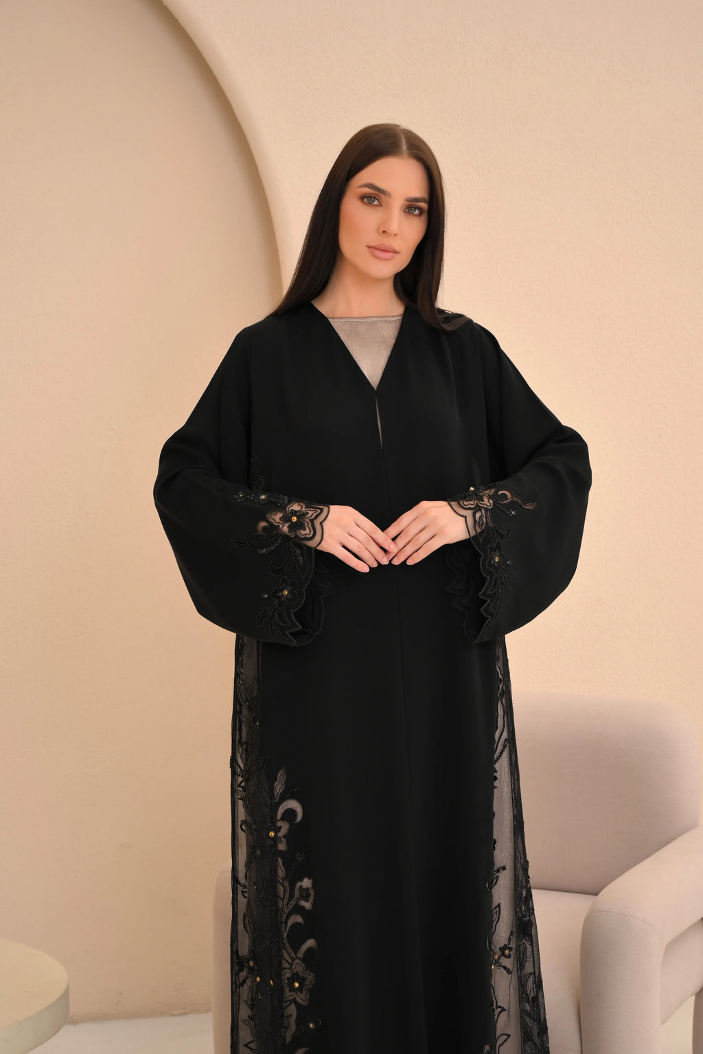 Computer embroidery and Dori detail on black Nida abaya hem — Al Anood UAE