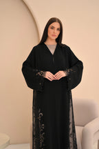 Computer embroidery and Dori detail on black Nida abaya hem — Al Anood UAE