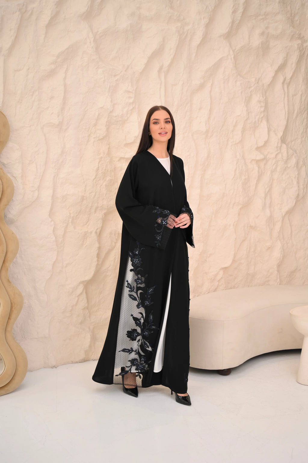 Black abaya embroidered sleeves close-up — Dori handwork detail Al Anood