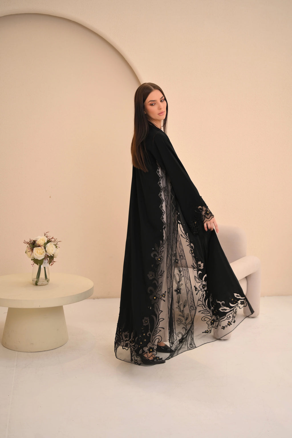 Luxury black abaya side view — Dori handwork on full sheer hem Al Anood UAE