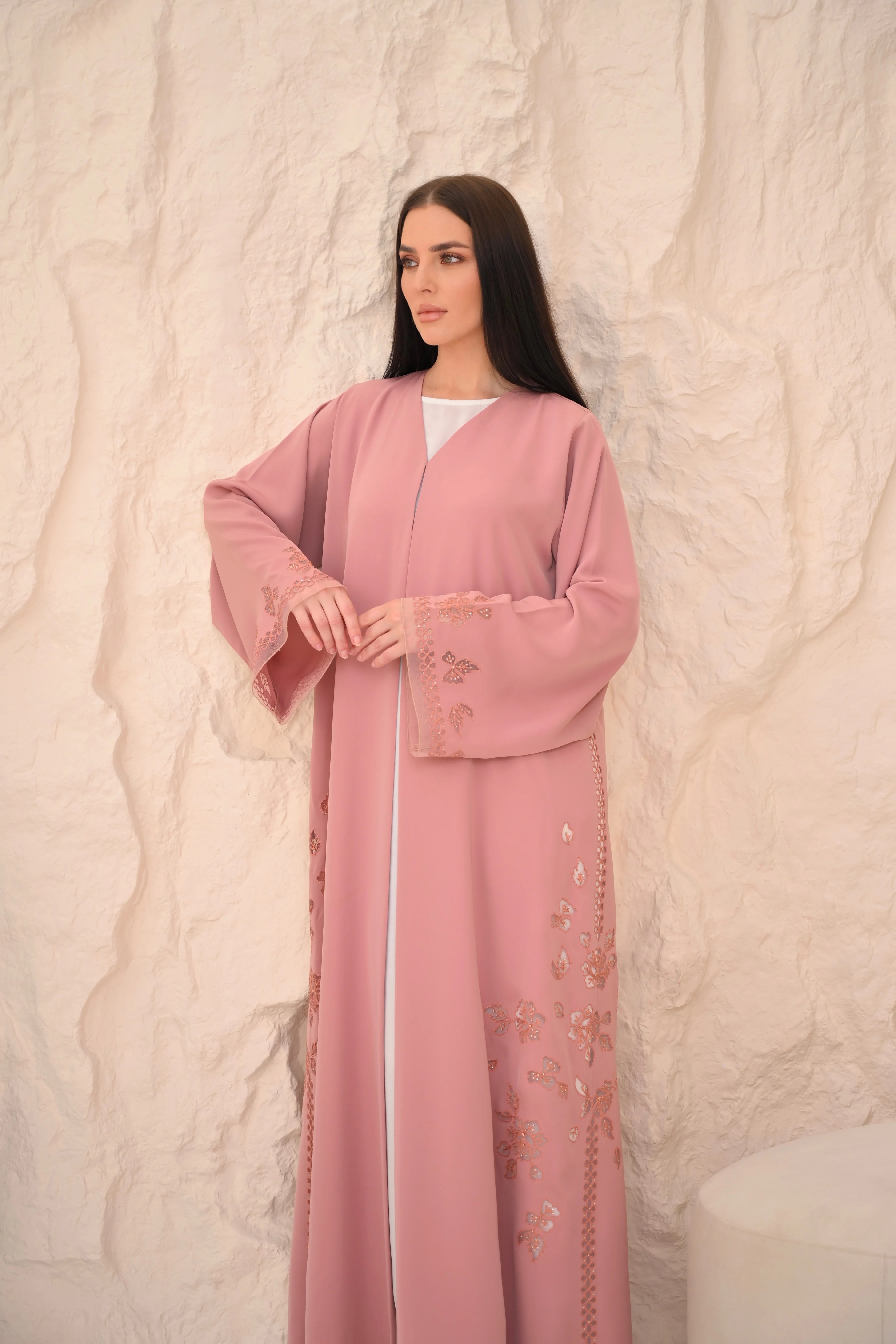 Dusty pink Nida abaya with matching shayla and floral laser-cut panels — Al Anood UAE