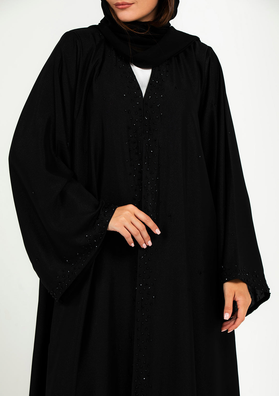Elegant black bridal abaya side view — crystal beadwork on sleeves Al Anood UAE