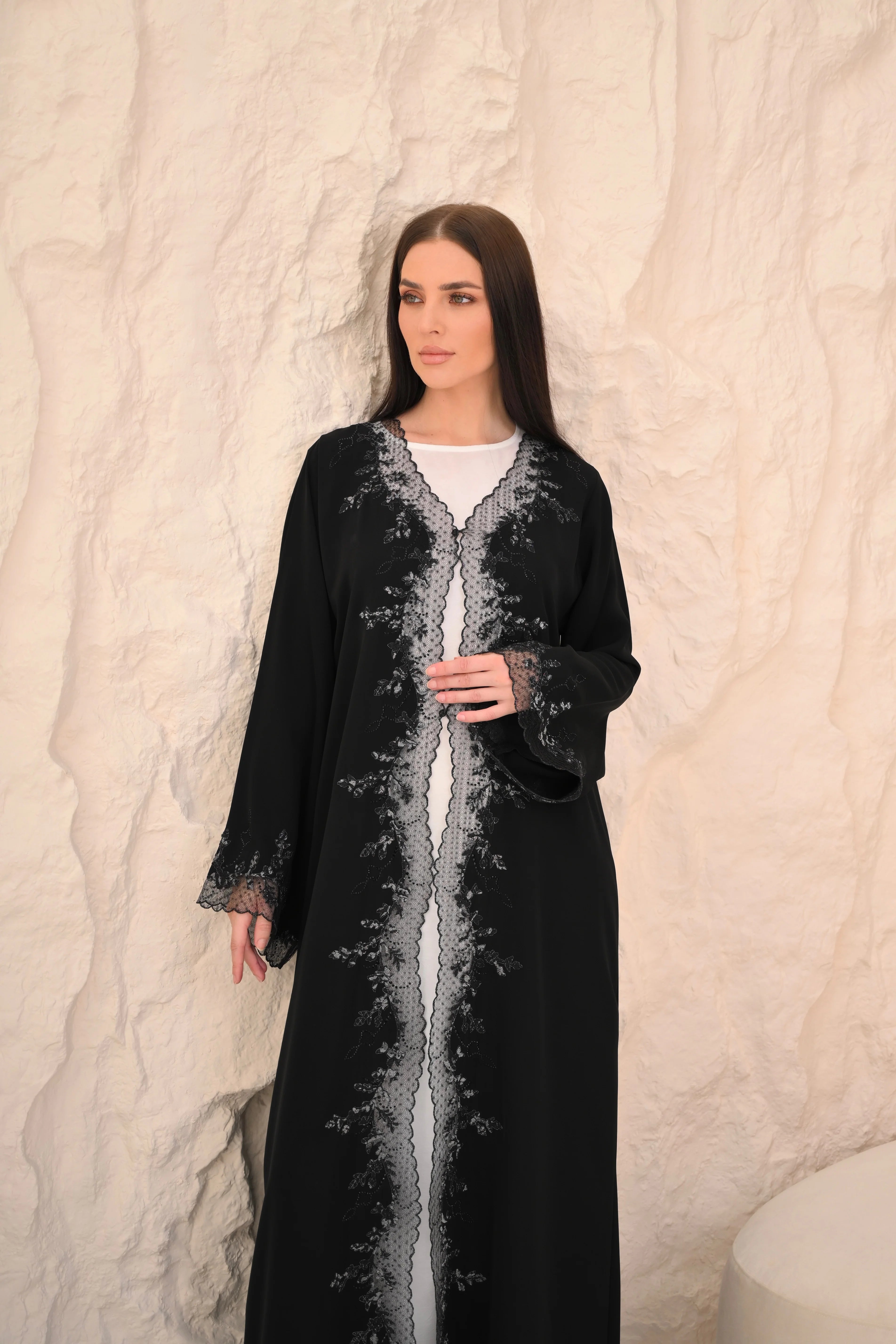 Elegant black abaya front view — floral embroidery detail Al Anood