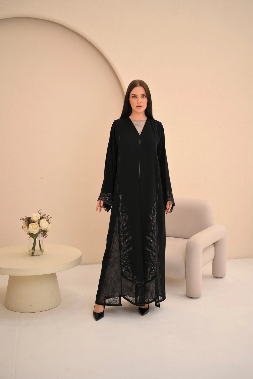 Elegant black abaya front view — Aari embroidery detail Al Anood