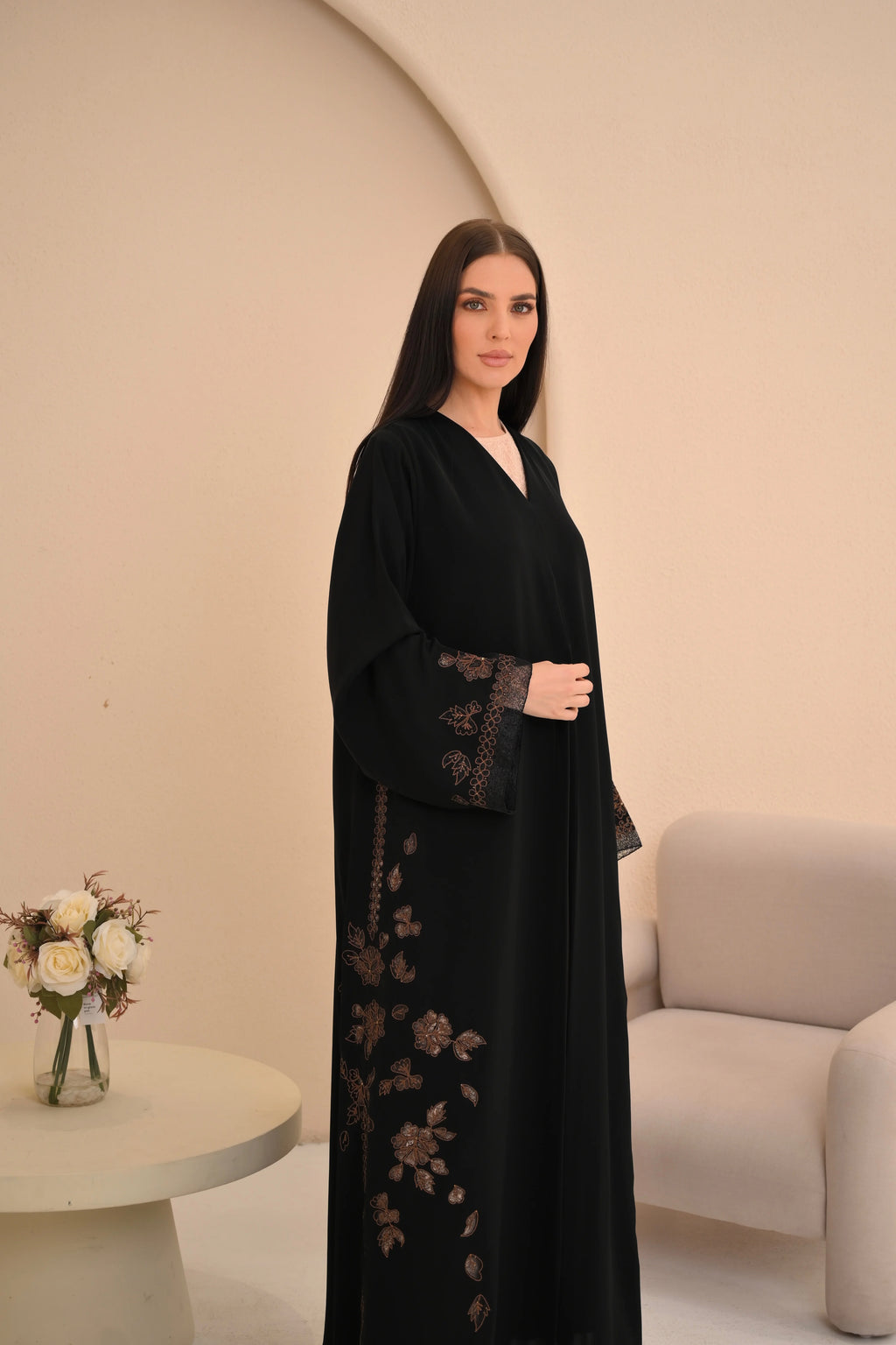 Elegant black abaya side view — crystal embellishment detail Al Anood